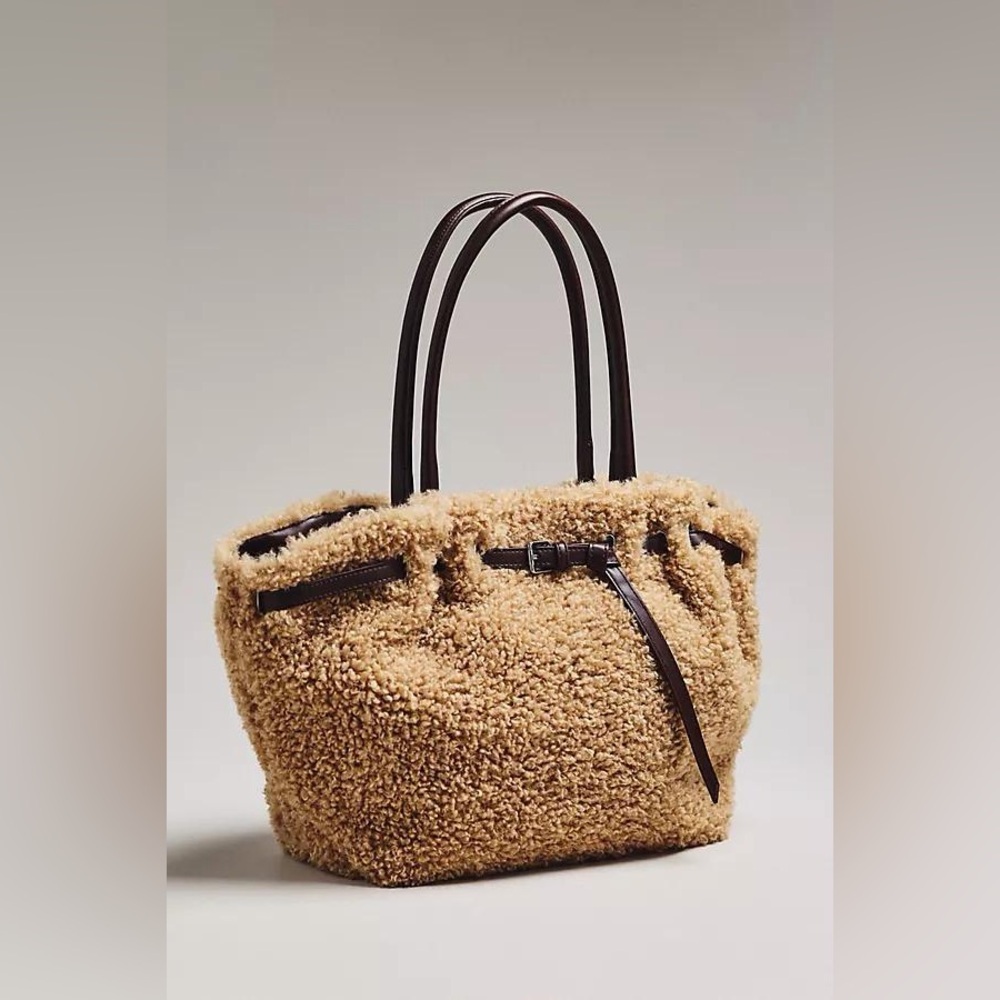NWT new Anthropologie belted Sherpa tote bag tan brown fuzzy crossbody purse